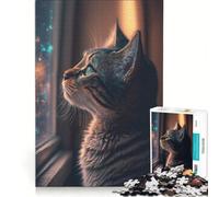 Puzzle per ragazzi da 1000 pezzi, gatto che guarda fuori dalla finestra, giocattolo fai da te, taglio di precisione, con pezzi di forma casuale completamente ad incastro 38x52cm