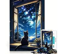 Puzzle per ragazzi da 1000 pezzi Gatto che guarda il cielo notturno,Taglio preciso,Divertimento,Risoluzione di problemi,Relax,Divertimento,Decorazione natalizia (38x52cm)