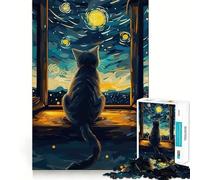 Puzzle per ragazzi da 1000 pezzi gatto che guarda la notte stellata,bordi perfetti,divertente gioco di logica,regalo,momento accogliente e divertente,decorazione natalizia da parete (38x52cm)