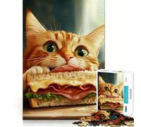 Puzzle per ragazzi da 1000 pezzi Gatto che mangia un panino,ritaglio preciso,decorazione creativa e divertente,gioco di pace,pezzo d'arte natalizio (38x52cm)