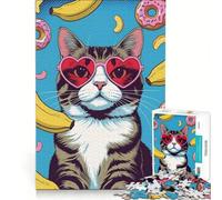 Puzzle per ragazzi da 1000 pezzi: Gatto con occhiali a forma di cuore e ciambelle, gioco interattivo, ideale per passare il tempo durante le vacanze, con poster abbinato e foglio di curiosità 38x26cm