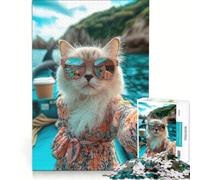 Puzzle per ragazzi da 1000 pezzi: Gatto con occhiali da sole su una barca, giocattolo antistress, gara di velocità manuale, per migliorare l'amore tra le coppie 38x52cm