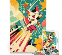 Puzzle per ragazzi da 1000 pezzi: Gatto dei cartoni animati a cavallo di un razzo, giocattolo educativo, per divertimento in famiglia, per rafforzare l'amore tra le coppie 38x52cm