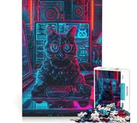 Puzzle per ragazzi da 1000 pezzi: Gatto gamer in una stanza al neon, gioco impossibile, sfida difficile, compleanno e altre occasioni 38x52cm