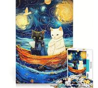 Puzzle per ragazzi da 1000 pezzi, Gatto in barca, Notte stellata, Decorazione murale, Passatempo per le vacanze a casa, Regalo di compleanno, Regalo di viaggio 38x26cm