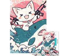 Puzzle per ragazzi da 1000 pezzi gatto kawaii che cavalca uno squalo con pistole Giocattolo avvincente per coltivare la pazienza rompicapo decorazione perfetta regalo divertente (dimensioni 38x52cm)