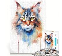 Puzzle per ragazzi da 1000 pezzi gatto Maine Coon ad acquerello giocattolo educativo per divertimento in famiglia per rafforzare l'amore tra le coppie 38x52cm