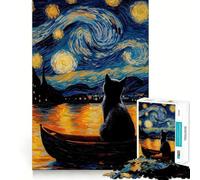 Puzzle per ragazzi da 1000 pezzi Gatto nella notte stellata Decorazione con ritagli precisi Giocattolo creativo e divertente Gioco di pace Gioco di Natale Opera d'arte (38x52cm)