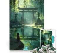 Puzzle per ragazzi da 1000 pezzi: Gatto nero al laghetto del tempio nella foresta, gioco rompicapo, impegnativo da completare, ideale come regalo per tutta la famiglia 38x52cm