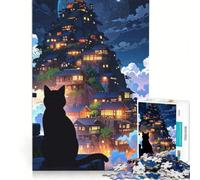 Puzzle per ragazzi da 1000 pezzi: Gatto nero che osserva un villaggio giapponese, gioco divertente, allena la mente e la mano, adatto come decorazione da scrivania 38x52cm