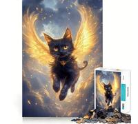 Puzzle per ragazzi da 1000 pezzi Gatto nero con ali dorate,grafica di alta qualità,gioco che stimola la concentrazione,ideale per il tempo libero,regalo di Natale 38x26cm