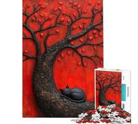 Puzzle per ragazzi da 1000 pezzi gatto nero giapponese addormentato sotto un albero rosso Puzzle per adulti gioco pratico decorazione da parete ideale come regalo per tutta la famiglia (38x26cm)