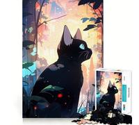Puzzle per ragazzi da 1000 pezzi Gatto nero in una foresta da sogno,bordo perfetto,divertente gioco di logica,regalo,momento accogliente e divertente,decorazione natalizia da parete (50x75cm)
