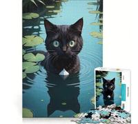 Puzzle per ragazzi da 1000 pezzi: Gatto nero in uno stagno con ninfee, gioco rilassante, analisi e logica, per migliorare l'amore tra le coppie 38x52cm