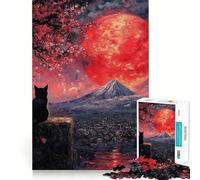 Puzzle per ragazzi da 1000 pezzi Gatto nero sotto la luna rossa,disegno dai bordi precisi,gioco di concentrazione,regalo,gioco rilassante,scena natalizia 38x26cm