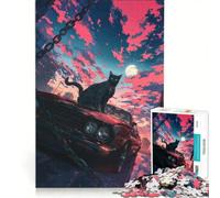 Puzzle per ragazzi da 1000 pezzi: Gatto nero su macchina, gioco impossibile, regalo di compleanno, con poster abbinato e foglio di curiosità 50x75cm