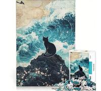 Puzzle per ragazzi da 1000 pezzi: Gatto nero su roccia con onde, gioco rompicapo, impegnativo da completare, regalo per amici e familiari 50x75cm