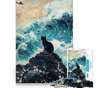 Puzzle per ragazzi da 1000 pezzi gatto nero su roccia con onde,incastro perfetto,gioco creativo,attività per il tempo libero,regalo di Natale 38x26cm