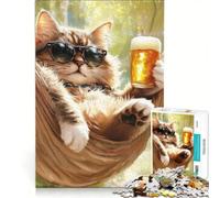 Puzzle per ragazzi da 1000 pezzi: Gatto simpatico che si rilassa con una birra, giocattolo educativo, per divertimento in famiglia, per rafforzare l'amore tra le coppie 50x75cm