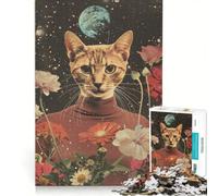 Puzzle per ragazzi da 1000 pezzi: Gatto sopra i fiori nello spazio, gioco interattivo, passatempo ideale per le vacanze a casa, con poster e foglio di curiosità abbinati 50x75cm
