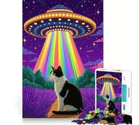 Puzzle per ragazzi da 1000 pezzi gatto,UFO e campo di lavandaGioco dai bordi pulitiDivertimento con la risoluzione dei problemi,gioco lento,divertimento per il compleanno,gioco artistico (38x26cm)