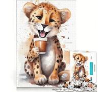 Puzzle per ragazzi da 1000 pezzi: Ghepardo all'ora del caffè, gioco interattivo, ideale per passare il tempo durante le vacanze, con poster e foglio di curiosità abbinati 38x52cm