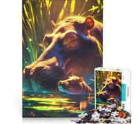 Puzzle per ragazzi da 1000 pezzi Ippopotamo e cucciolo in acque tranquille giocattolo fai-da-te interazione genitore-figlio compleanno e Natale 38x52cm