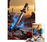 Puzzle per ragazzi da 1000 pezzi Katana rotta sul campo di battaglia con fiamme blu Giocattolo avvincente per coltivare la pazienza Gioco per famiglie adatto alle coppie Ottimo regalo dei giochi