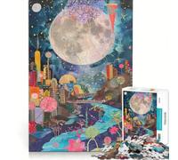 Puzzle per ragazzi da 1000 pezzi: la luna che sorge in un villaggio incantato gioco interattivo attività divertenti da fare a casa con poster e foglio di curiosità abbinati 38x26cm