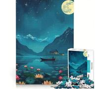 Puzzle per ragazzi da 1000 pezzi: Lago al chiaro di luna barca ninfee gioco interattivo attività divertenti da fare a casa con poster e foglio di curiosità abbinati 50x75cm