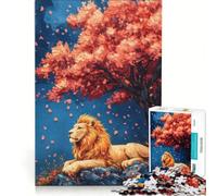 Puzzle per ragazzi da 1000 pezzi Leone che riposa sotto un albero di ciliegio in fiore giocattolo fai-da-te interazione genitore-figlio compleanno e Natale 38x52cm