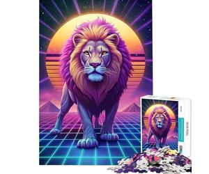 Puzzle per ragazzi da 1000 pezzi leone synthwave gioco educativo antistress regalo di compleanno o unico (38x52cm)