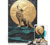 Puzzle per ragazzi da 1000 pezzi: Lupo dorato che ulula sotto il cielo illuminato dalla luna, giocattolo educativo, migliora la memoria, con poster e foglio di curiosità abbinati 38x26cm
