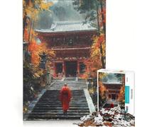 Puzzle per ragazzi da 1000 pezzi: Monaco che sale i gradini di un tempio in autunno gioco fai-da-te stimola la memoria con poster e foglio di curiosità abbinati 38x52cm