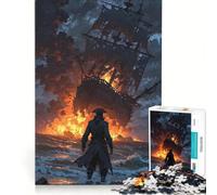 Puzzle per ragazzi da 1000 pezzi: Nave in fiamme e pirati sulla riva, gioco pratico, ideale per passare il tempo durante le vacanze, con poster e foglio di curiosità abbinati, 38x26cm