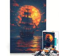 Puzzle per ragazzi da 1000 pezzi Nave pirata sotto il cielo illuminato dalla luna giocattolo educativo migliora la memoria con poster abbinato e foglio di curiosità 38x26cm
