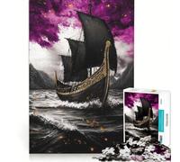 Puzzle per ragazzi da 1000 pezzi: Nave vichinga nera in mare in tempesta, gioco rompicapo, impegnativo da completare, ideale come regalo per tutta la famiglia 38x26cm