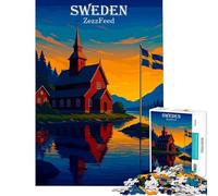 Puzzle per ragazzi da 1000 pezzi paesaggio svedese con chiesa e bandiera giocattolo educativo gioco impossibile taglio di precisione regalo di Babbo Natale segreto (dimensioni 38x52cm)