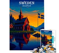 Puzzle per ragazzi da 1000 pezzi paesaggio svedese con chiesa e bandiera giocattolo educativo gioco impossibile taglio di precisione regalo di Babbo Natale segreto (dimensioni 75x50cm)