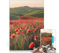 Puzzle per ragazzi da 1000 pezzi: Paesaggio toscano con campo di papaveri gioco interattivo ideale per passare il tempo durante le vacanze con poster e foglio di curiosità abbinati 38x52cm