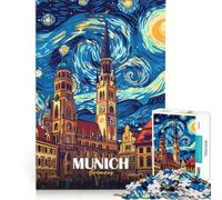 Puzzle per ragazzi da 1000 pezzi paesaggio urbano di Monaco di Baviera Germania in stile Notte stellata gioco pratico attività divertenti da fare a casa con poster e foglio di curiosità abbinati