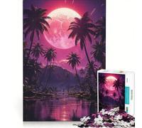 Puzzle per ragazzi da 1000 pezzi "Palme tropicali al sorgere della luna" gioco interattivo ideale per passare il tempo durante le vacanze con poster e foglio di curiosità abbinati 50x75cm