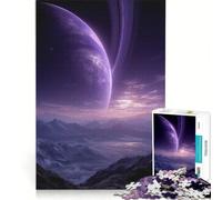 Puzzle per ragazzi da 1000 pezzi: Pianeta viola con anelli sopra le montagne giocattolo educativo migliora la memoria con poster abbinato e foglio di curiosità 38x52cm