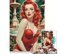 Puzzle per ragazzi da 1000 pezzi: Pin-up dai capelli rossi in un bellissimo giardino Giocattolo educativo divertente e spiritoso compleanno e Natale 38x52cm