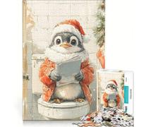 Puzzle per ragazzi da 1000 pezzi Pinguino che legge sul water giocattolo educativo migliora la memoria con poster abbinato e foglio di curiosità 38x26cm