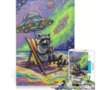 Puzzle per ragazzi da 1000 pezzi: Procione in vacanza al mare sotto un UFO gioco educativo difficile collezione d'artista belle arti 50x75cm