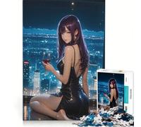 Puzzle per ragazzi da 1000 pezzi: ragazza anime con vino che guarda la città, gioco rilassante, difficile e stimolante, ogni pezzo è unico 38x52cm