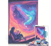 Puzzle per ragazzi da 1000 pezzi: Ragazza che legge alla finestra con vista su una galassia vibrante, gioco impossibile, sfida difficile, compleanno e altre occasioni 38x52cm