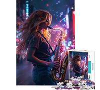 Puzzle per ragazzi da 1000 pezzi Ragazza sassofonista in una città al neon Sfida educativa per migliorare la memoria Gioco divertente per ragazzi dai 14 anni in su 38x26cm