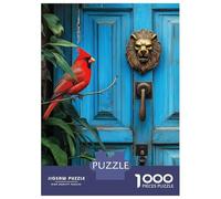 Puzzle Per Ragazzi Da 1000 Pezzi Red Cardinal Bird And Lion Knocker on Door Puzzle Giochi Rilassanti Difficili Divertenti Attività A Casa, 38x26cm/1000pcs